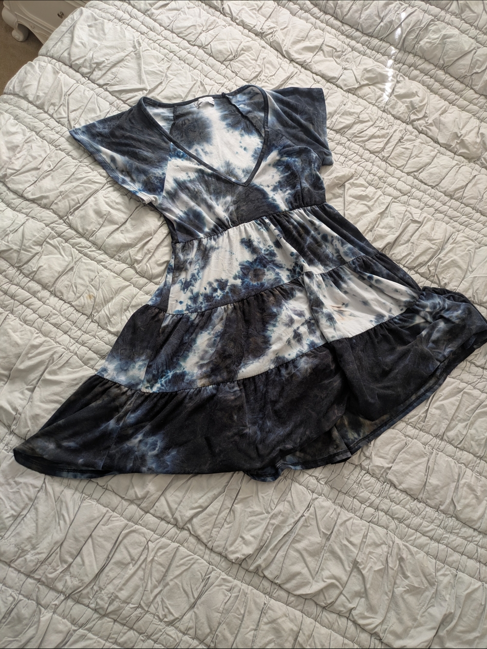 Urban Outfitters Tie-Dye V-Neck Tiered Mini Dress - Blue & White